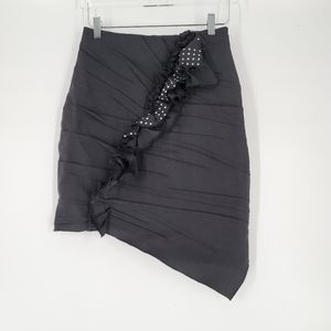 Saint Laurent Black Asymmetrical Wool Skirt Rhinestone Ruffles Size 40 US 8